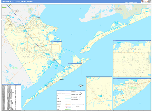 Galveston Texas City Tx Metro Area Zip Code Wall Map Basic Style By Marketmaps 3131